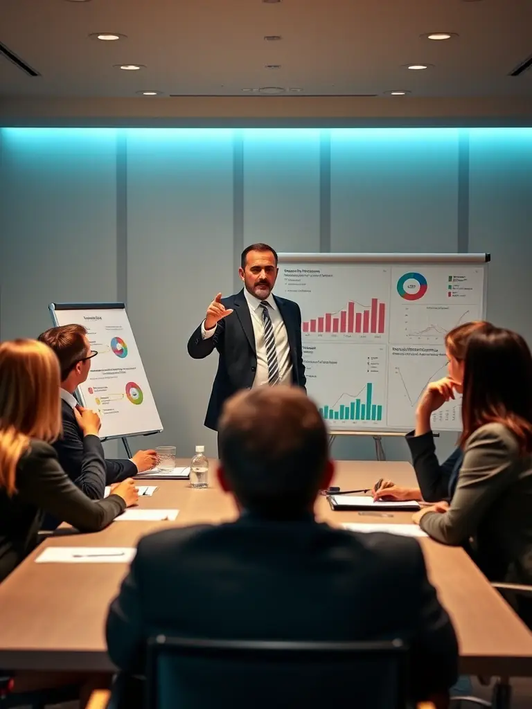 A professional business coach facilitating a strategic planning session with a UK-based business team, focusing on growth and market positioning.
