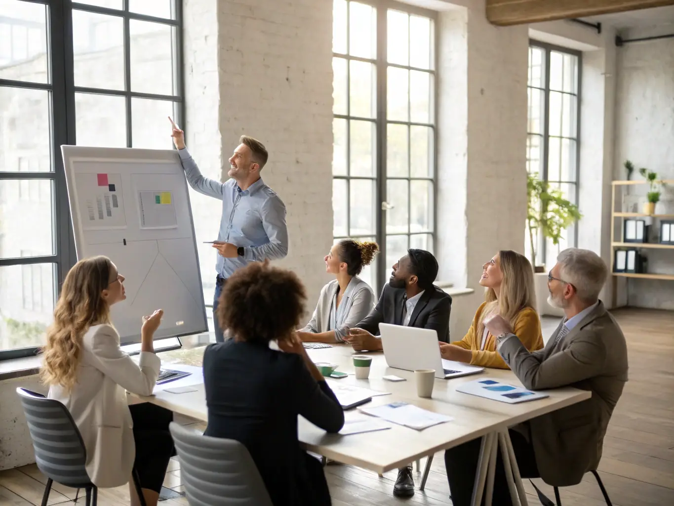An image of a business coach guiding a group of executives in a modern conference room, representing SynergyUK's Leadership Development program.
