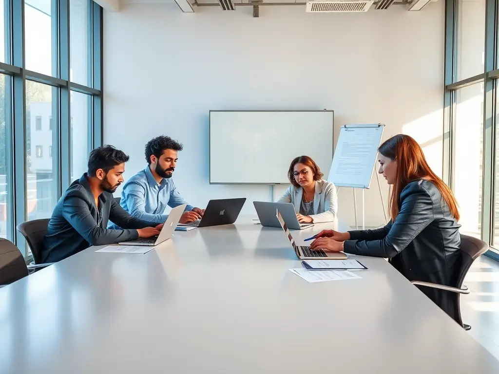 An image depicting a diverse team of professionals brainstorming ideas in a modern office setting, symbolizing collaborative synergy.